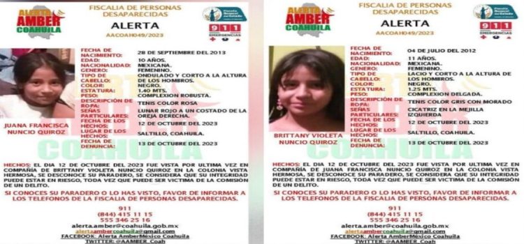 Se activan Alerta Amber por hermanas desaparecidas en Coahuila