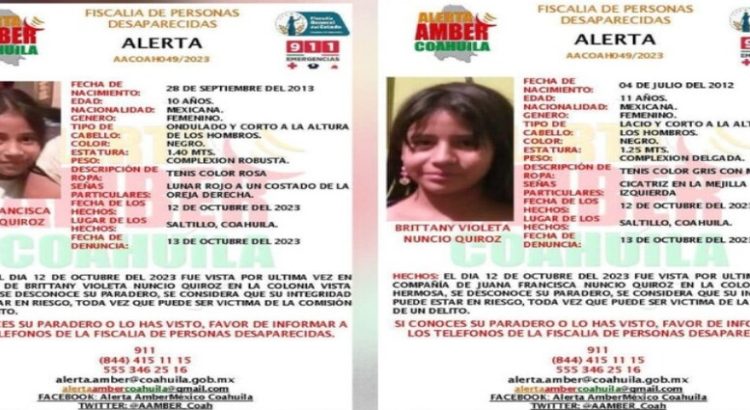 Se activan Alerta Amber por hermanas desaparecidas en Coahuila