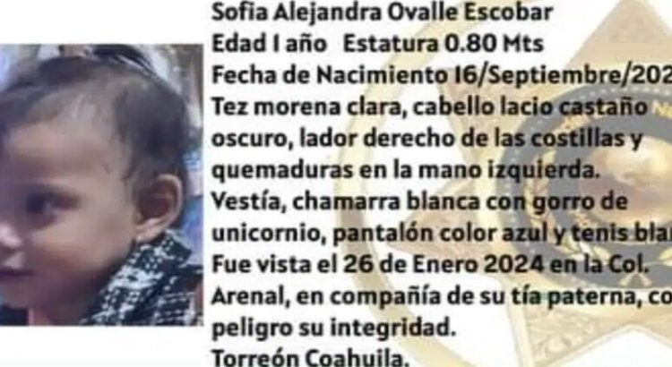 Alerta Amber en Coahuila: se busca a Sofía, de 1 año desaparecida