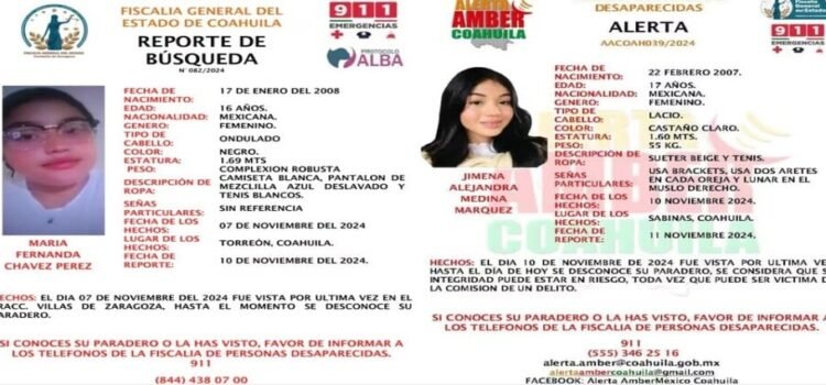 Reportan la desaparición de dos mujeres menores de edad en el estado de Coahuila